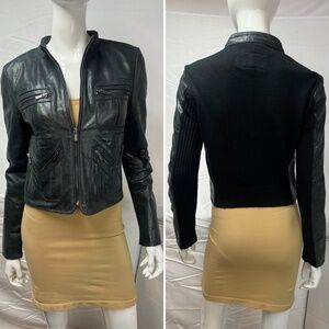 BCBG MAXAZRIA Women’s S Black Lamb Leather Moto Biker Jacket Knit Sweater Back